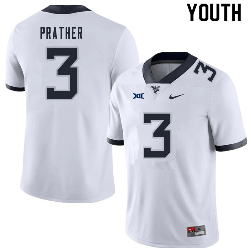Youth #3 Kaden Prather West Virginia Mountaineers College Football Jerseys Sale-White - Click Image to Close